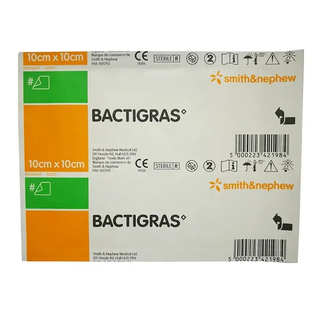 Apósito Gasa Parafinada + Clorhexidina Bactigras 10x10 cm — Smith & Nephew (Ref. 7457) 3