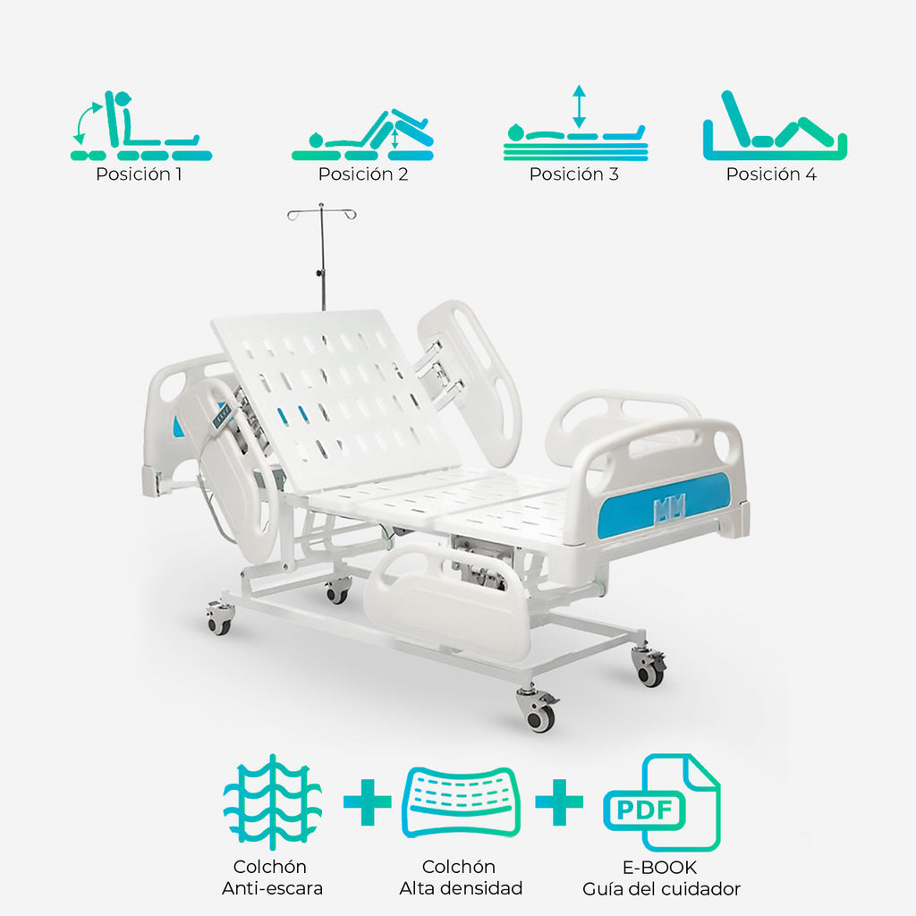Catre Cama Clínica Eléctrica 4 Posiciones Premium + Colchón + Colchón Antiescaras