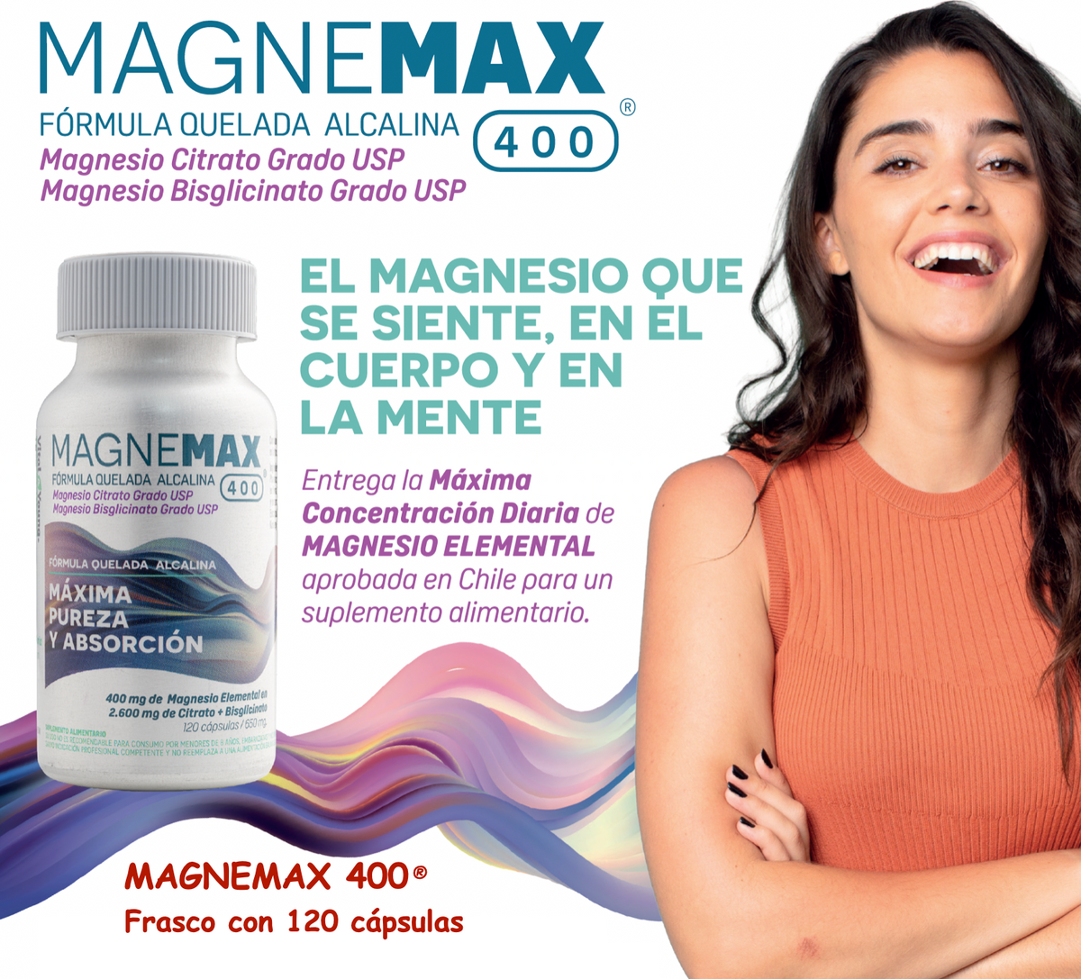 Magnemax 400® Magnesio 400 mg Elemental – Citrato + Bisglicinato Grado USP | 120 Cápsulas