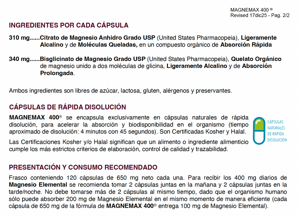 Magnemax 400® Magnesio 400 mg Elemental – Citrato + Bisglicinato Grado USP | 120 Cápsulas