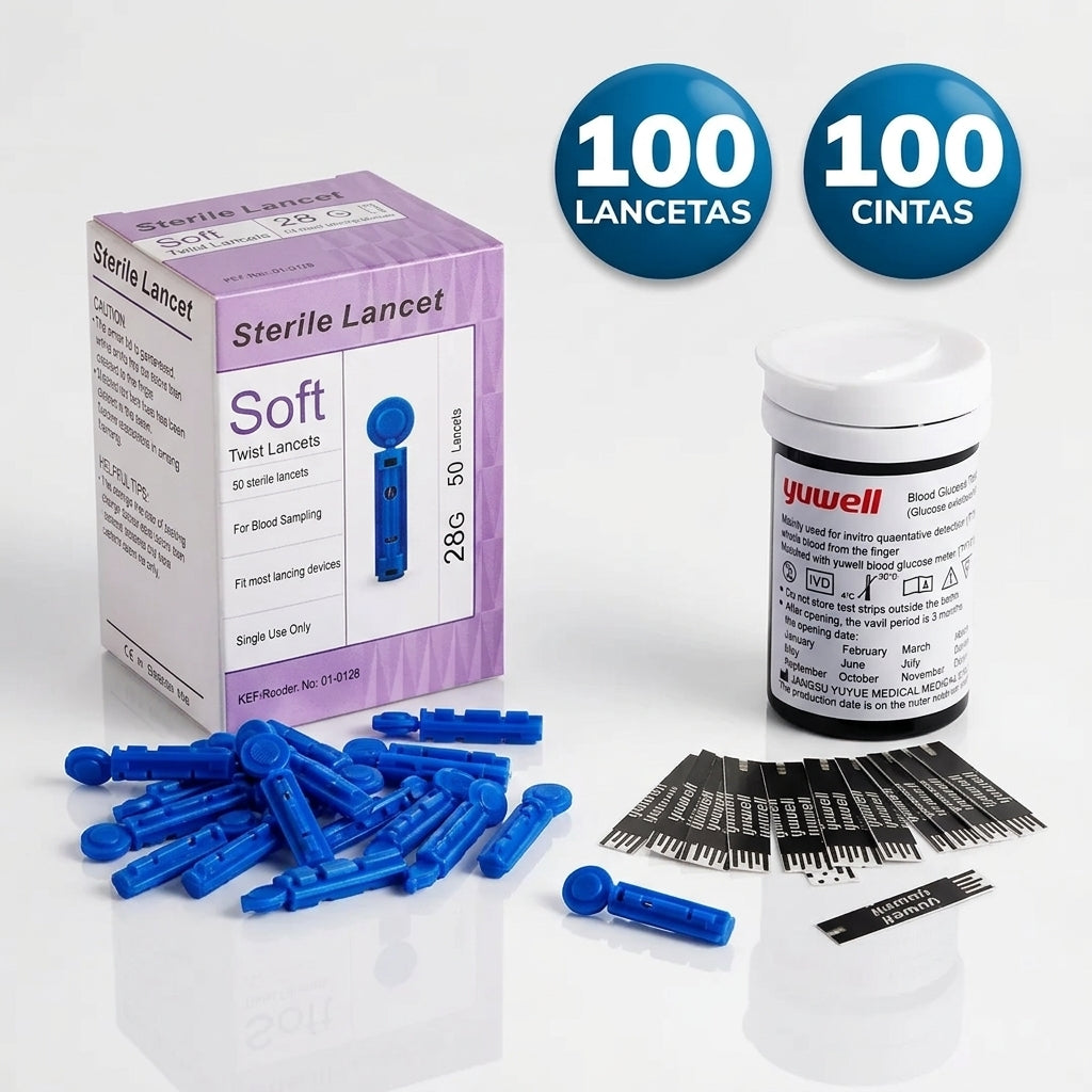 100 Tiras de Medición Glucómetro Yuwell 582 + 100 Lancetas (IA)