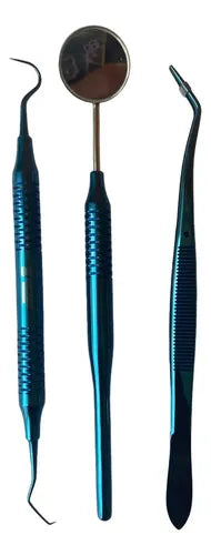 Kit Examen Dental Especial Metalizado Espejo Pinza Y Sonda Color Azul