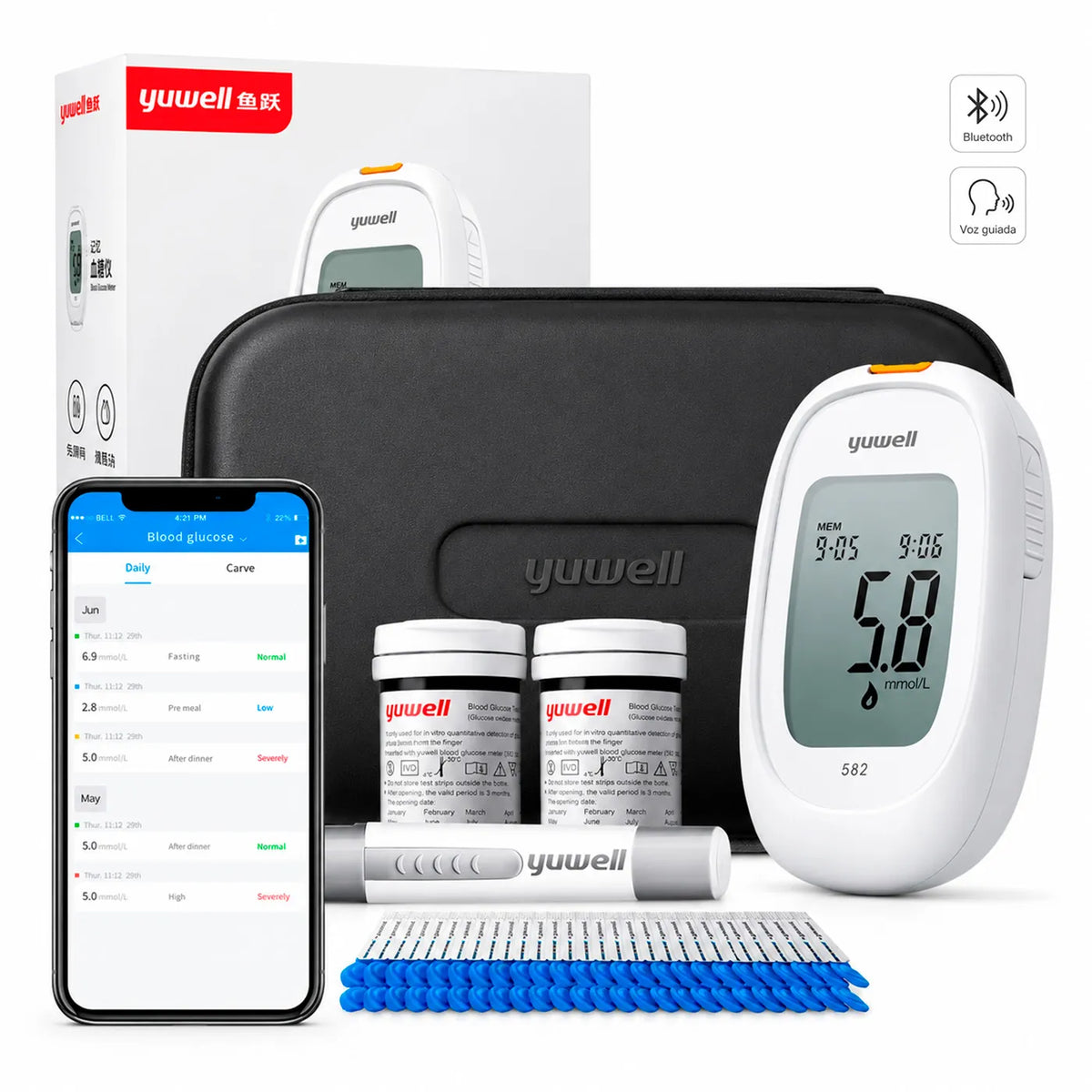 Glucómetro Yuwell 582 Smart + Voz Guiada + Bluetooth + 100 Cintas 100 Lancetas