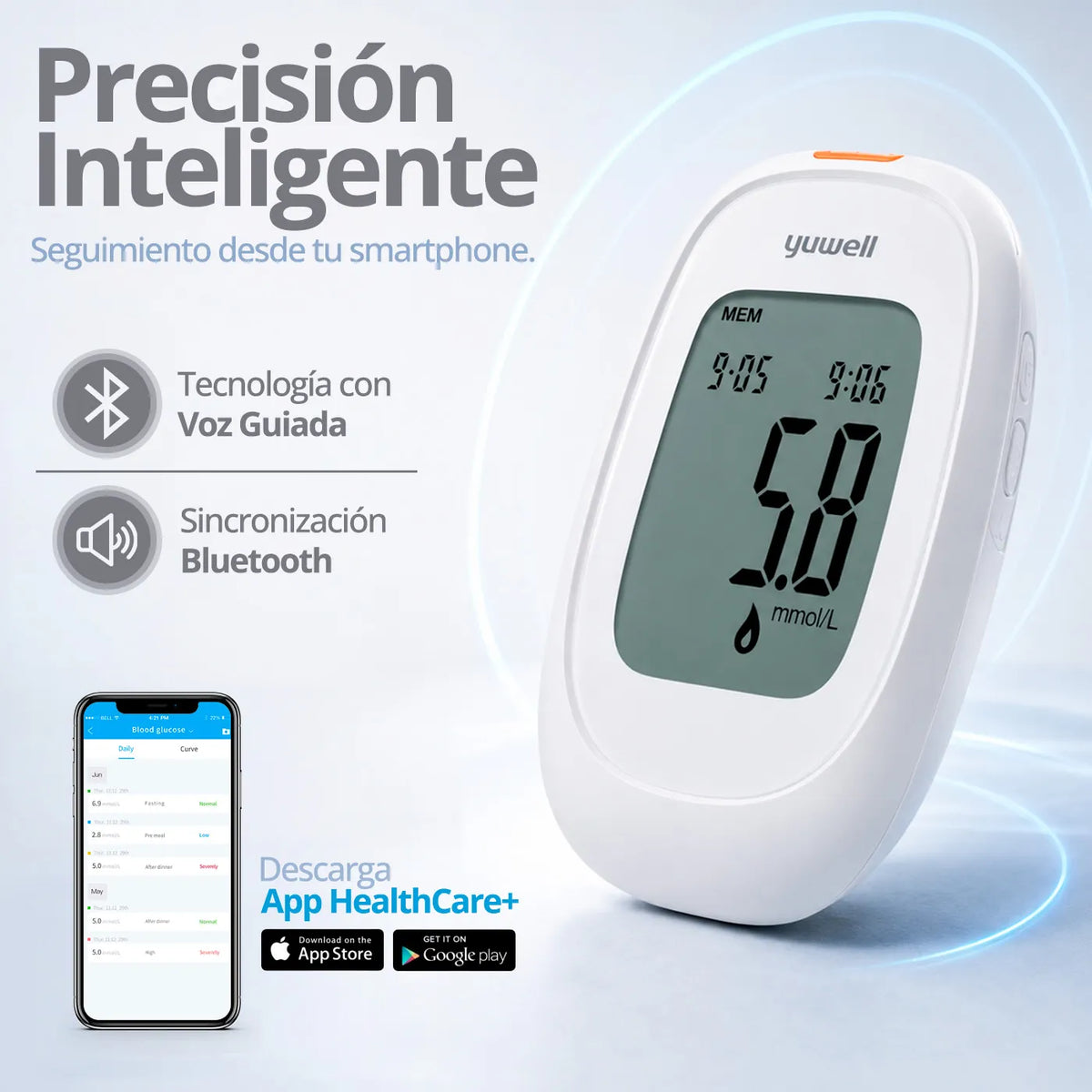 Glucómetro Yuwell 582 Smart + Voz Guiada + Bluetooth + 50 Cintas 50 Lancetas