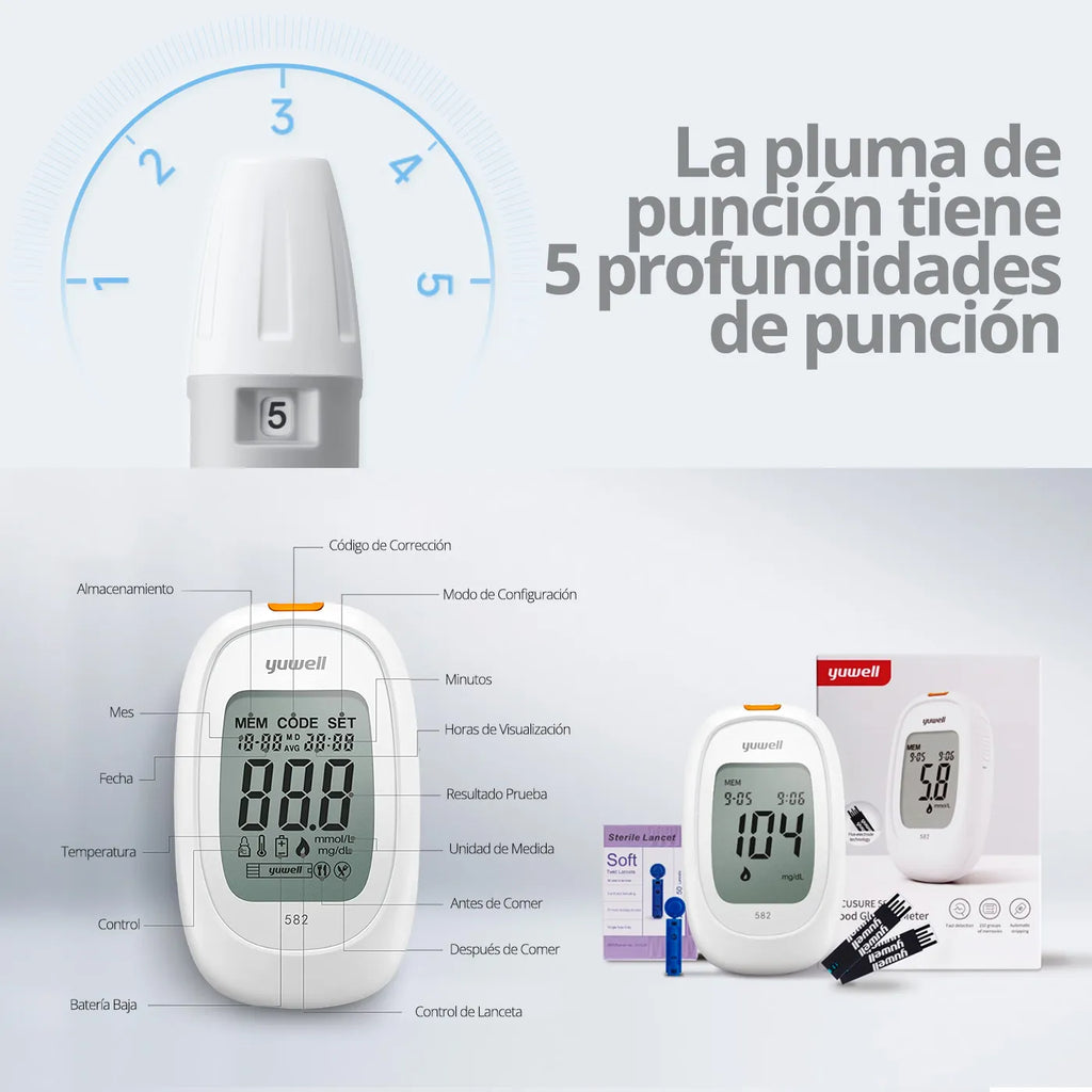 Glucómetro Yuwell 582 Smart + Voz Guiada + Bluetooth + 50 Cintas 50 Lancetas