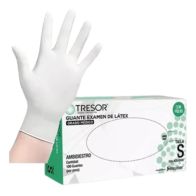 Guantes de Látex Blanco de Examinación Ligeramente Empolvado Caja 100 Unidades — TRESOR (Ref. ACGUESU)