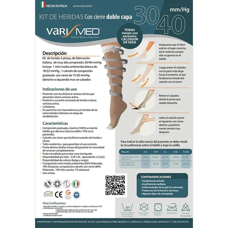 Kit de Heridas Calceta Varimed 30-40 mmHg - 3 Piezas - Cierre Izquierdo - REF. 9034