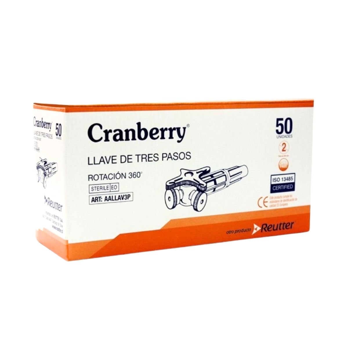 Llave 3 Pasos Cranberry Giro 360° Luer Lock Control Flujo IV Enfermería UCI Anestesia Estéril Policarbonato Caja 50 Unidades