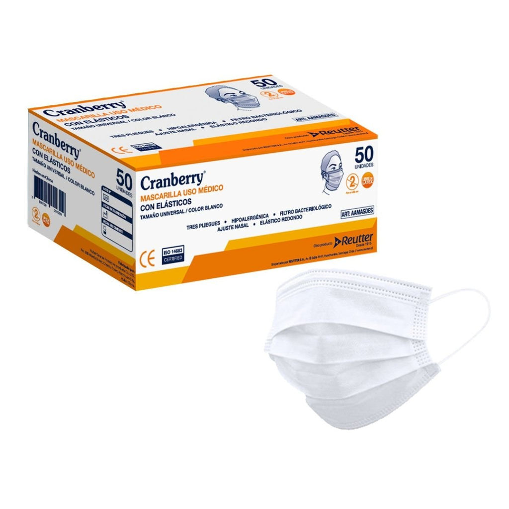 Mascarilla quirúrgica blanca Cranberry Tipo IIR con clip nasal — caja x50 unidades certificadas ISP Chile