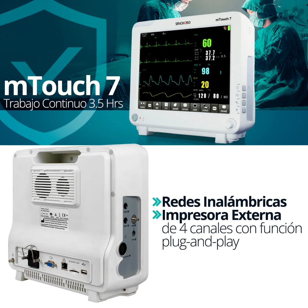Monitor Multiparámetros Sinohero mTouch 7 - 2IBP, ETCO2, ECG, SPO2, FC, NIBP, TEMP, FR y Batería Recargable