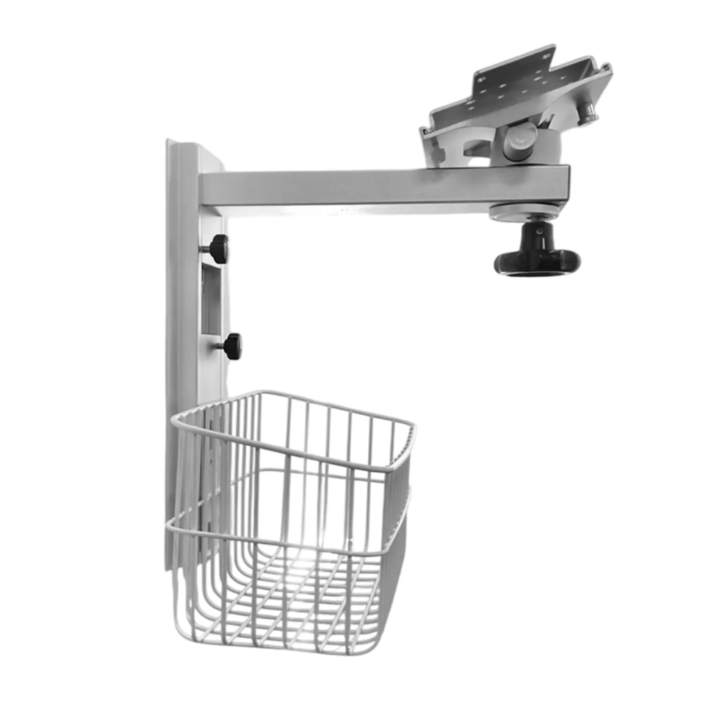 brazo articulado para monitor médico, cesta portaobjetos, instalación en pared, durabilidad, ajuste de altura