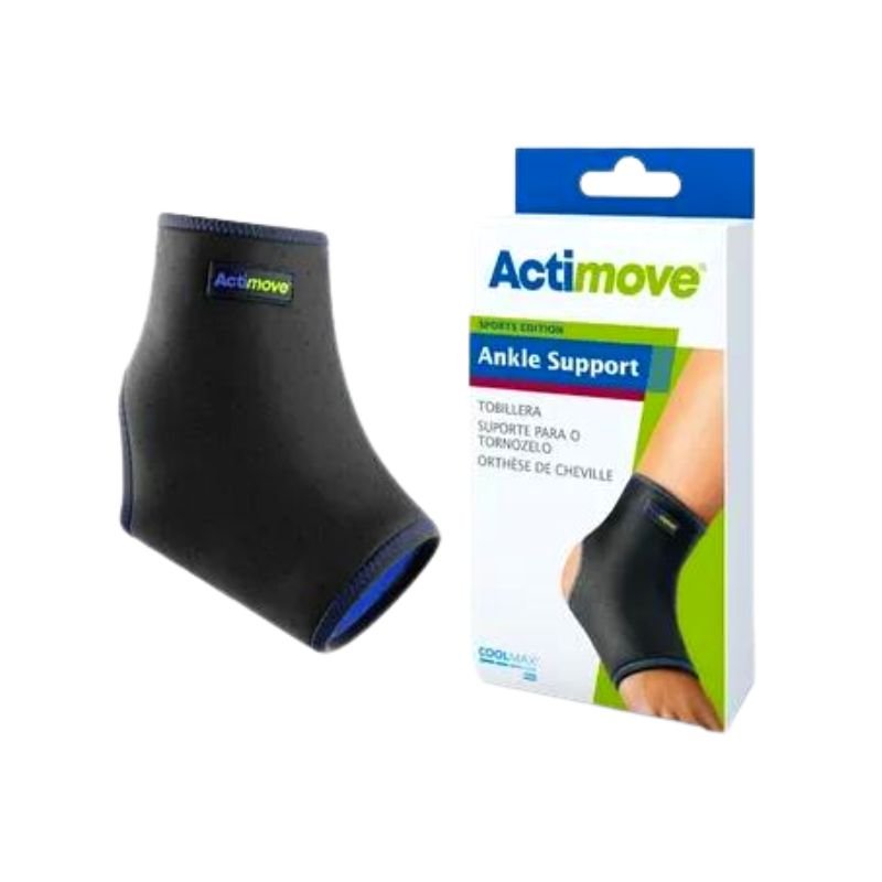 Tobillera deportiva Actimove negra — vista frontal del soporte de compresión para tobillo