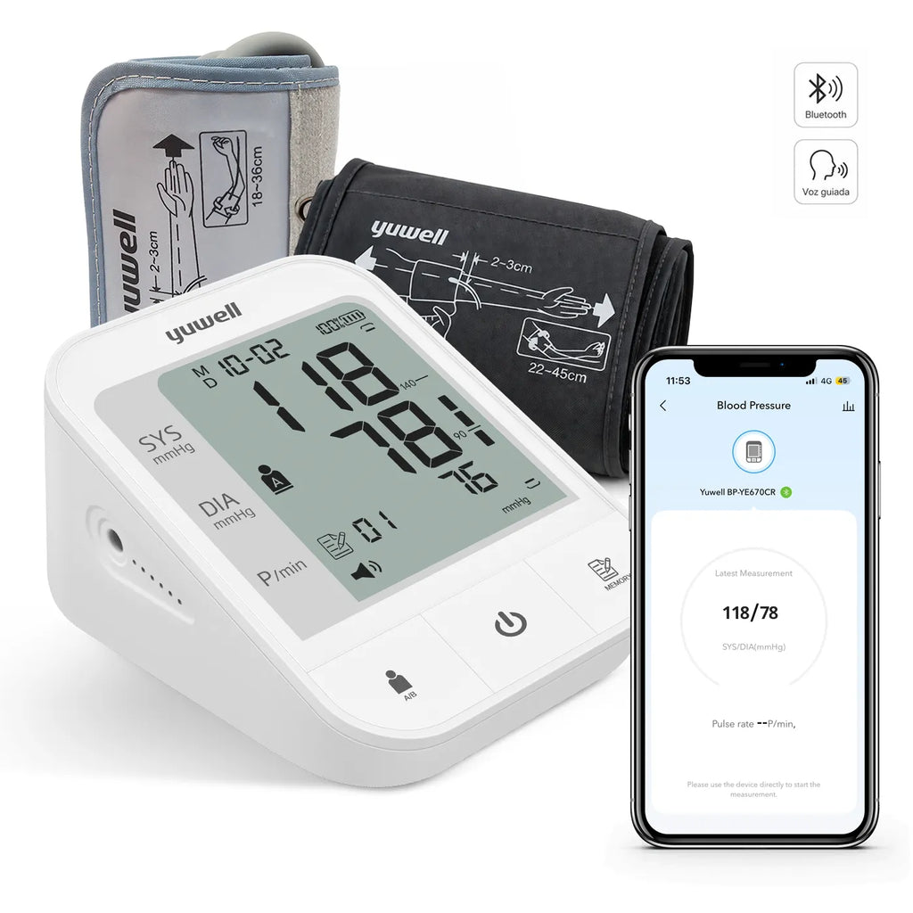 Tensímetro Digital Yuwell YE670CR | Bluetooth + Voz + Recargable + Brazalete Adulto y Pediátrico