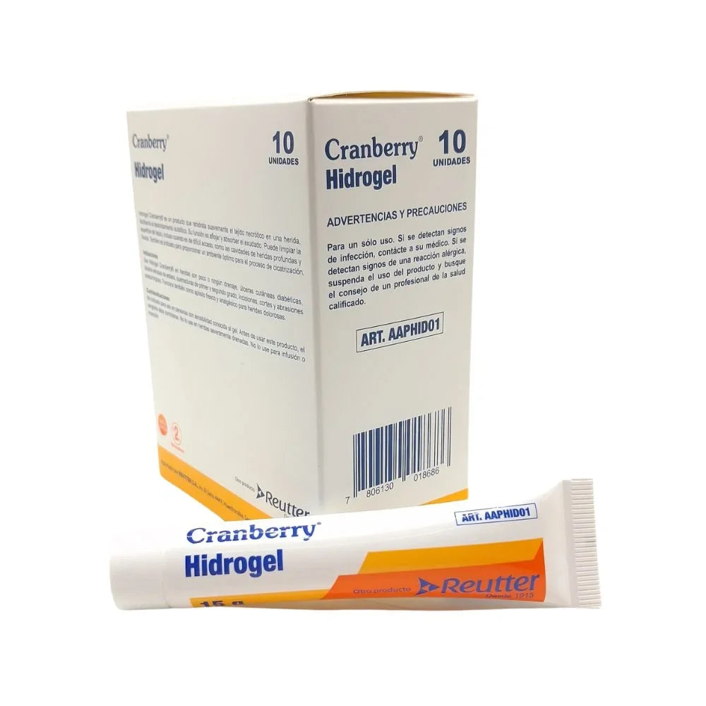 Apósito hidrogel Cranberry 15 g caja y tubo vista posterior producto médico para heridas
