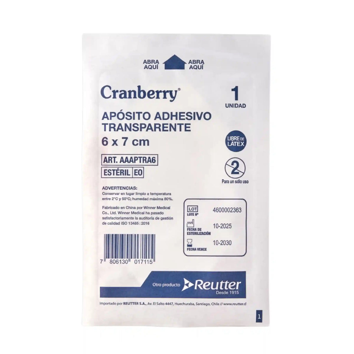 Sobre individual de apósito transparente adhesivo Cranberry 6x7 cm estéril AAAPTRA6
