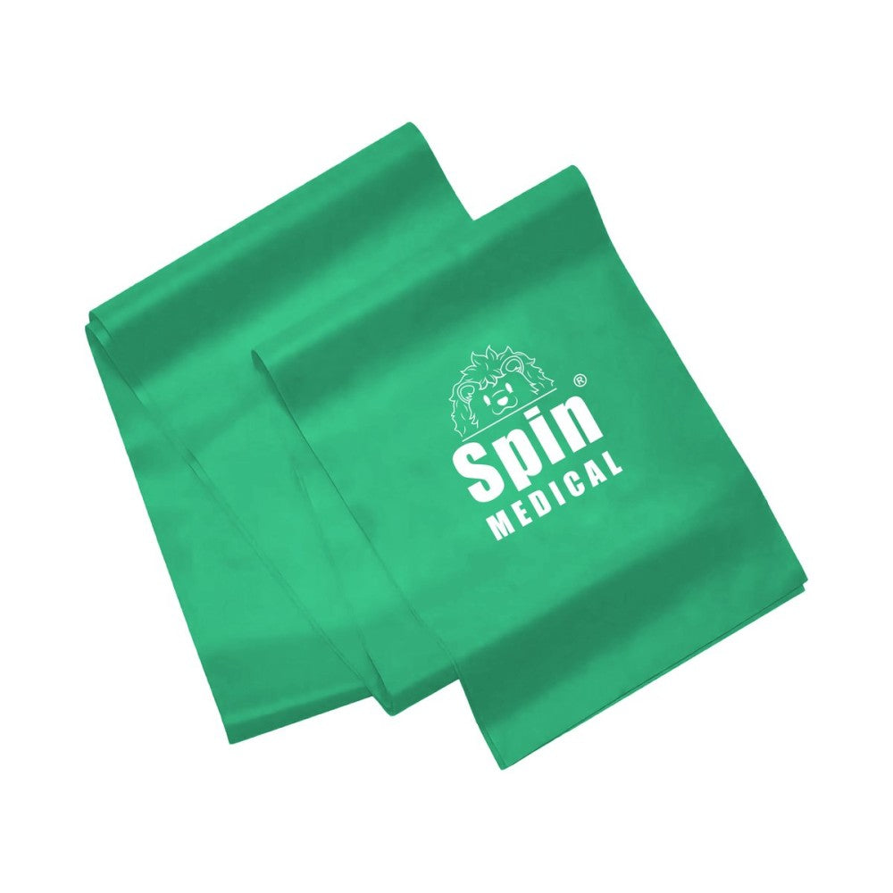 Banda elástica Spin Medical 1,5 m color verde con logo, resistencia fuerte para kinesiología y fortalecimiento