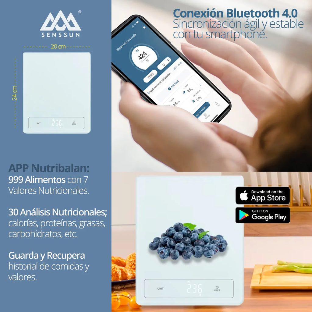 Báscula nutricional inteligente con 4 sensores de alta precisión para pesar alimentos