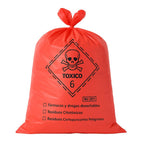 Bolsa roja residuos peligrosos en uso hospitalario — contenedor con bolsa instalada