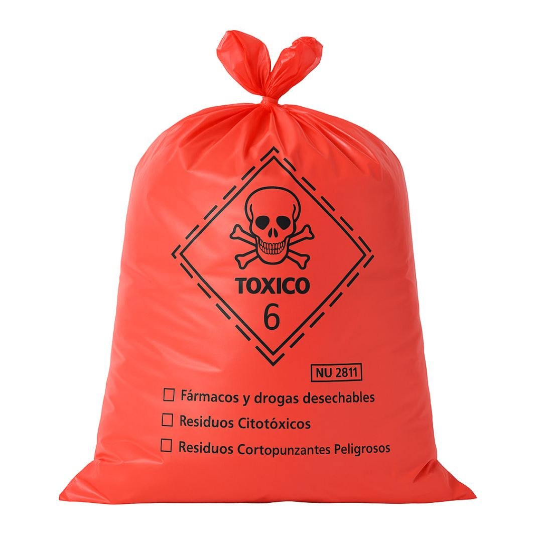 Bolsa roja residuos peligrosos en uso hospitalario — contenedor con bolsa instalada