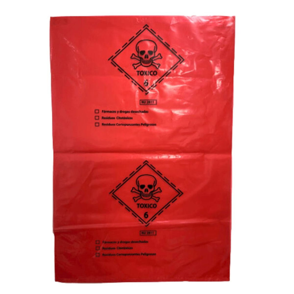 Bolsa roja residuos peligrosos plegada — detalle del polietileno de 200 micrones