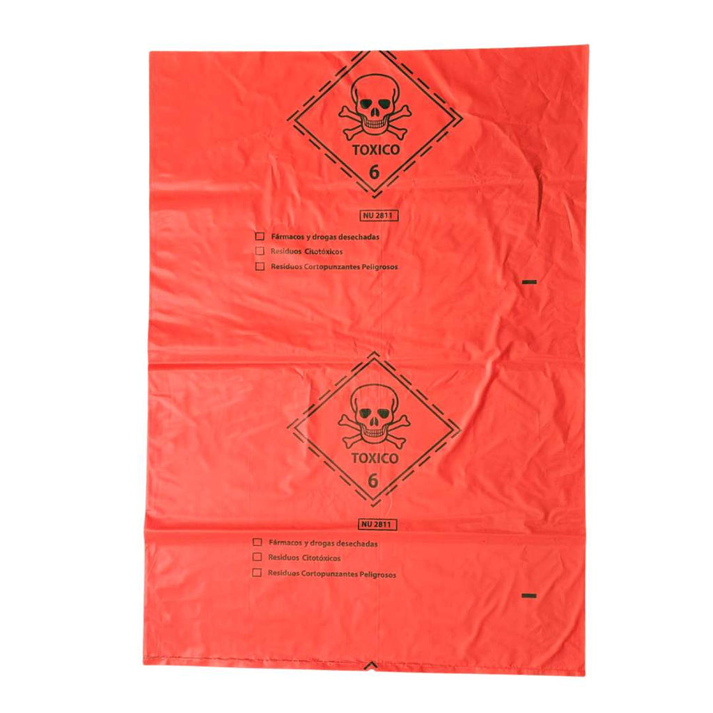 Bolsa roja para residuos peligrosos 60x90cm — vista frontal con símbolo de biopeligro