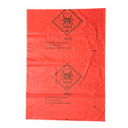 Bolsa roja para residuos peligrosos 60x90cm — vista frontal con símbolo de biopeligro