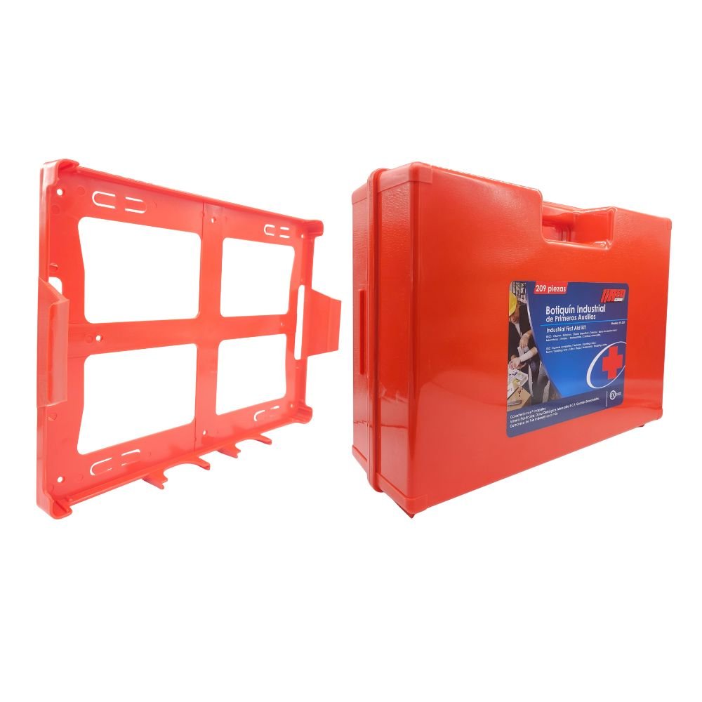 Botiquín Steel Pro 100 personas con soporte mural rojo incluido para instalación en pared