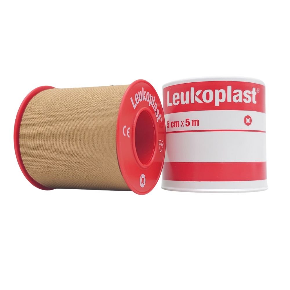 Cinta Leukoplast 5cm beige tela adhesiva impermeable rollo unitario 5 metros vendaje médico