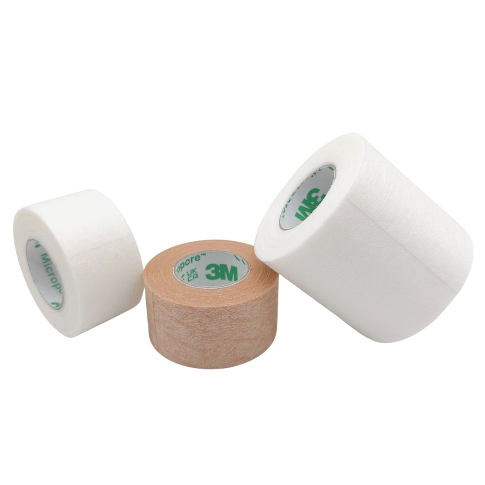 Cinta Micropore 3M en anchos 1,25 cm, 2,5 cm y 5 cm, versiones blanco y color piel