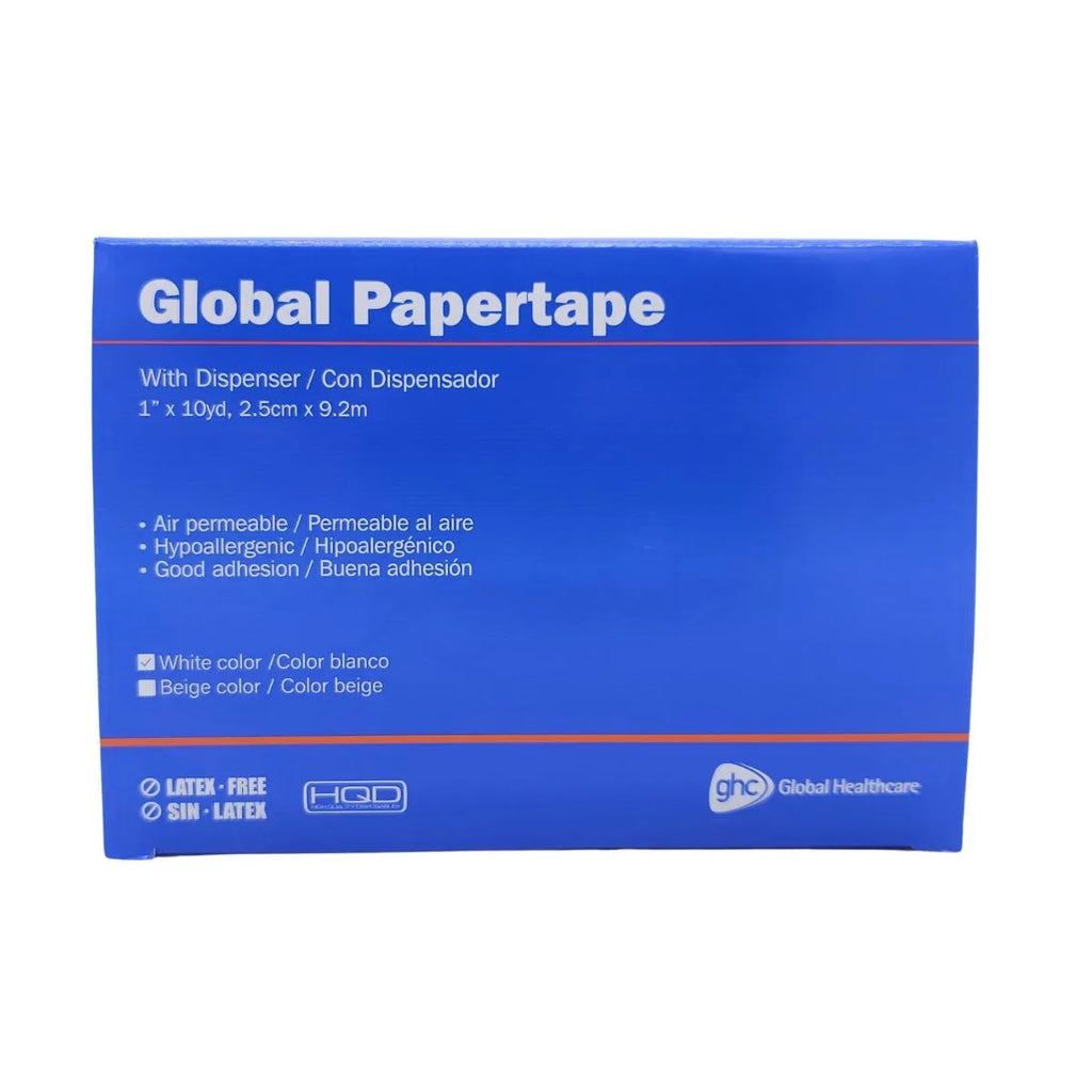 Caja cinta microporosa blanca 2,5 cm x 9,2 m — 12 unidades con dispensador Global Papertape sin látex