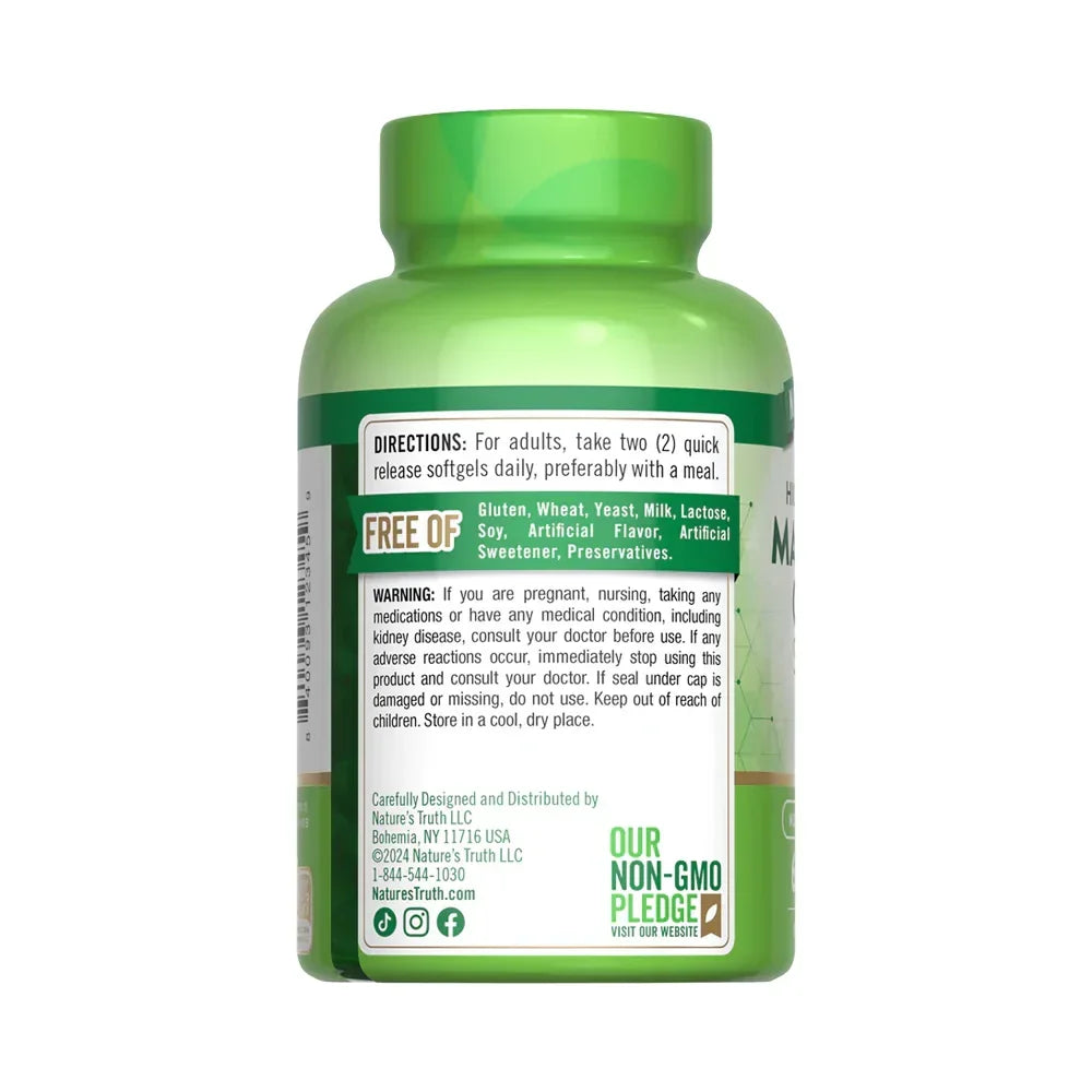 Instrucciones Citrato Magnesio Nature's Truth - 2 softgels diarias con comida Free Of gluten Non-GMO Pledge