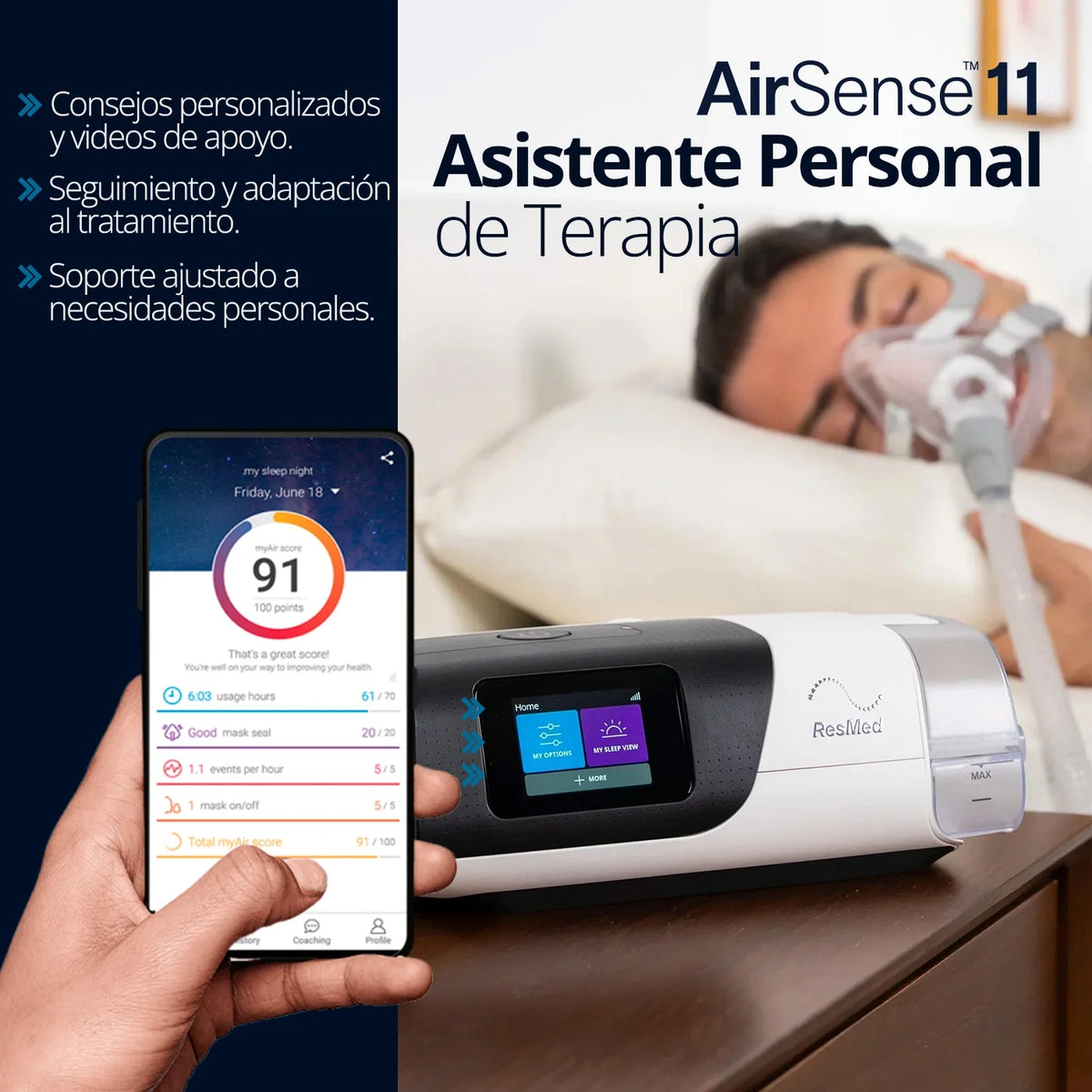 Tecnología AutoSet (asistente personal) del CPAP Automático ResMed AirSense 11 para ajuste automático de presión