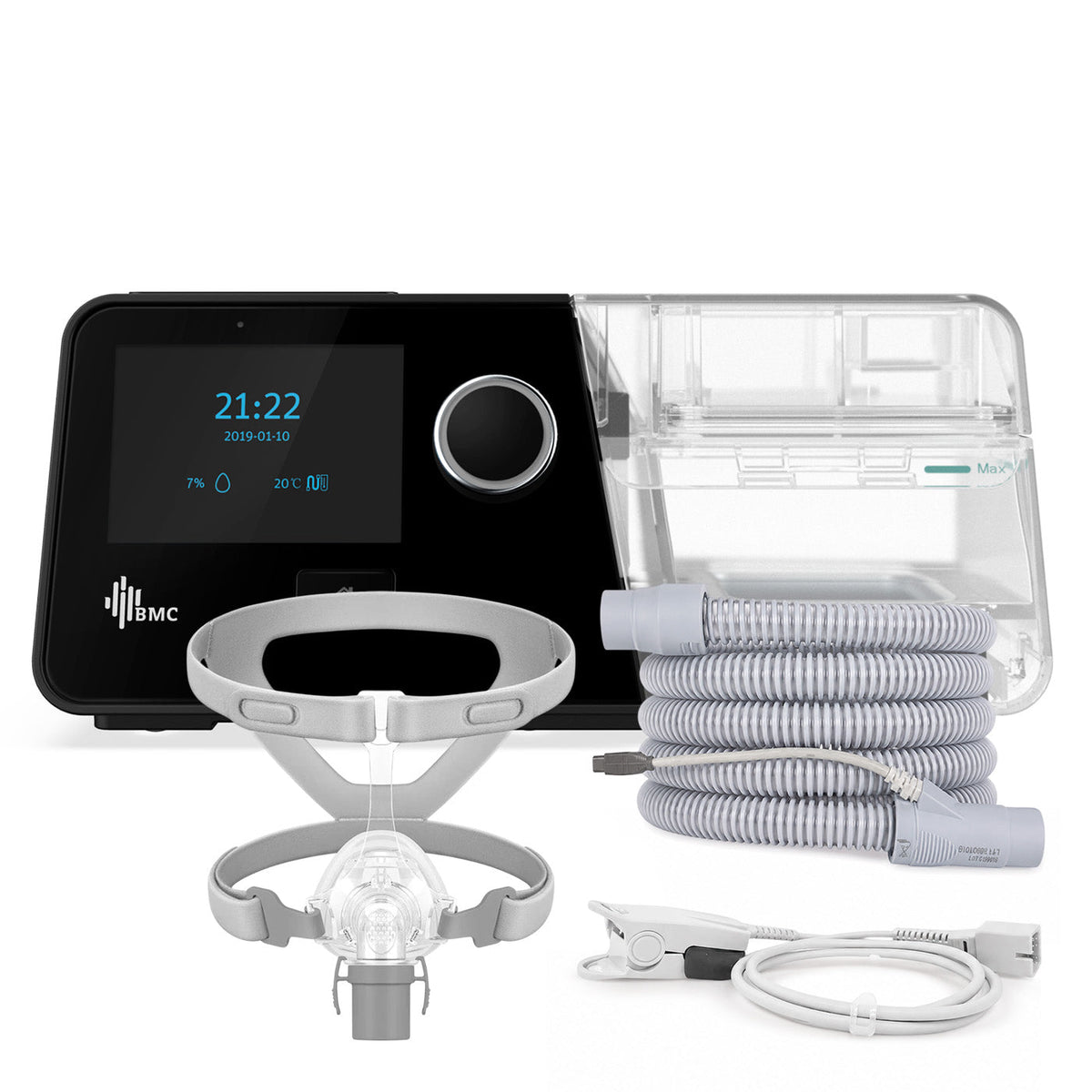 CPAP BMC G3 A20 con máscara nasal, tubo calefaccionado y oxímetro