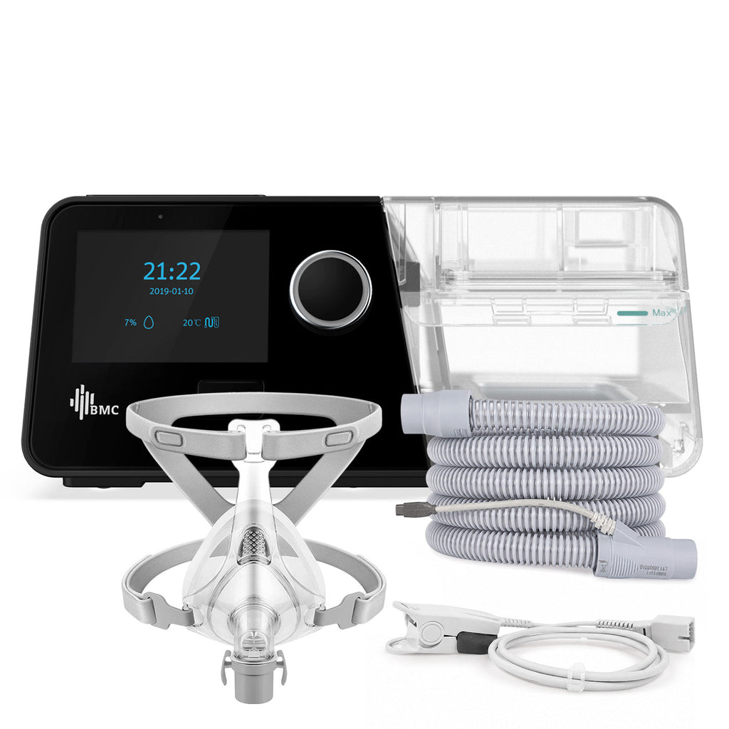 CPAP BMC G3 A20 con máscara oronasal, tubo calefaccionado y oxímetro