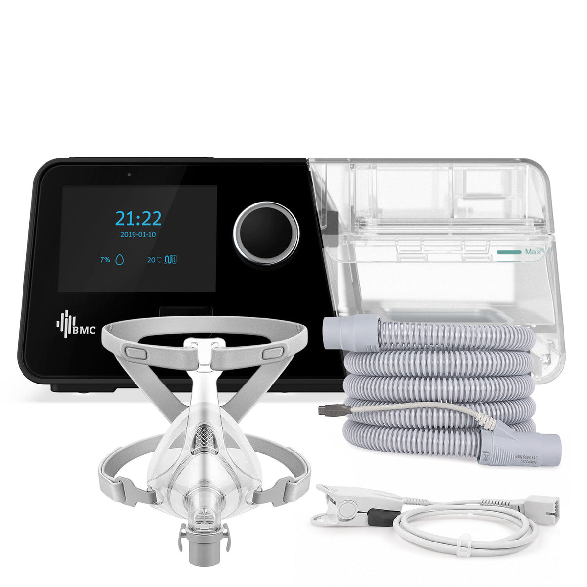 CPAP BMC G3 A20 con máscara oronasal, tubo calefaccionado y oxímetro