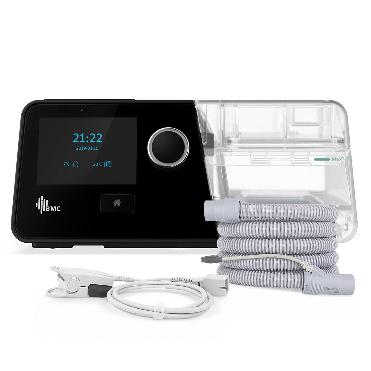 CPAP BMC G3 A20 con tubo calefaccionado y oxímetro para monitoreo de oxigenación
