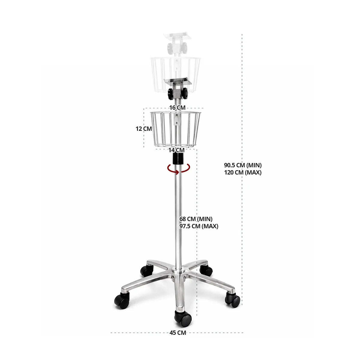 Infografía con las dimensiones del pedestal para monitor de presión arterial Yuwell YE680E, incluyendo altura ajustable, medidas del canastillo y diámetro de la base.