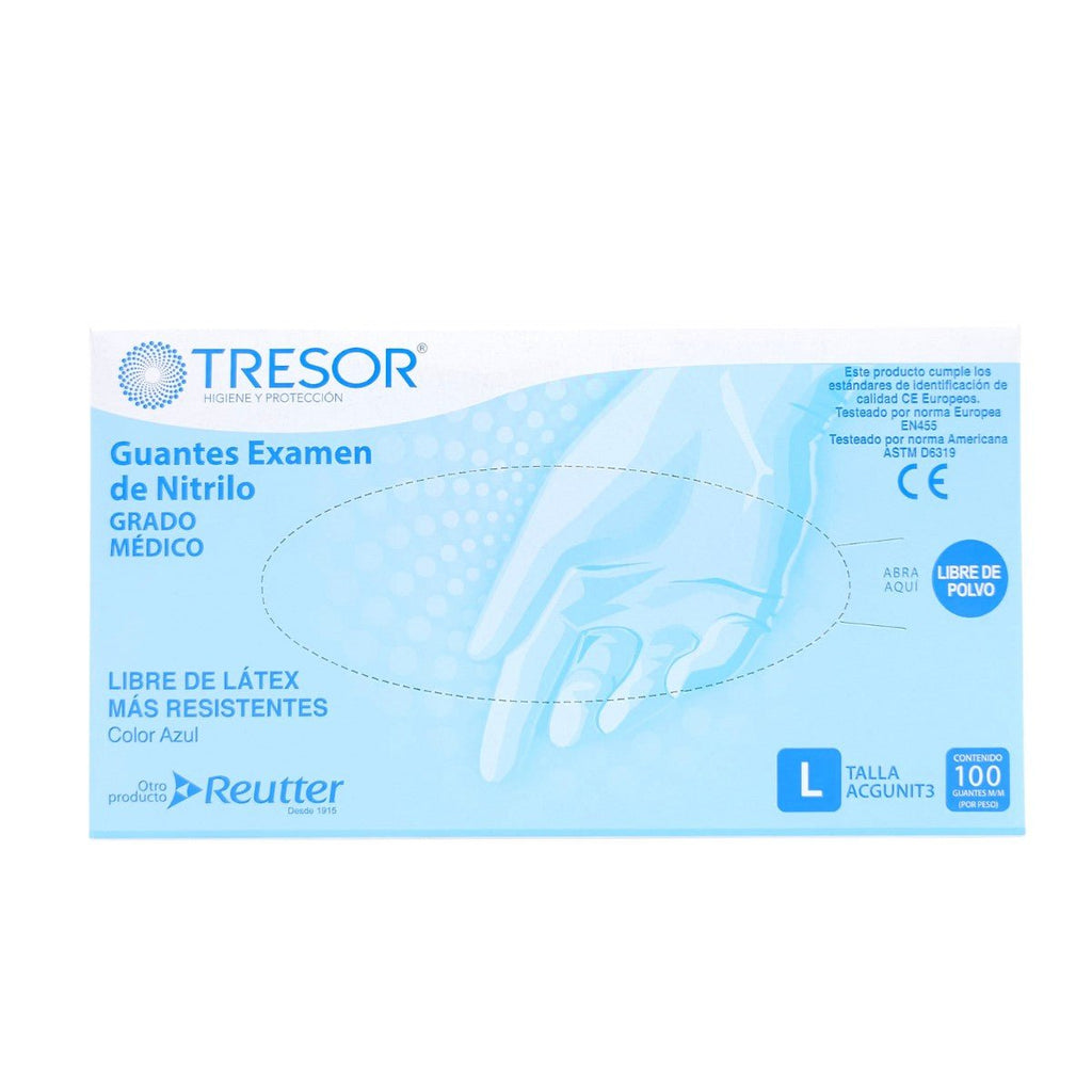 Caja de guantes de nitrilo azul Tresor sin polvo, 100 unidades para uso médico
