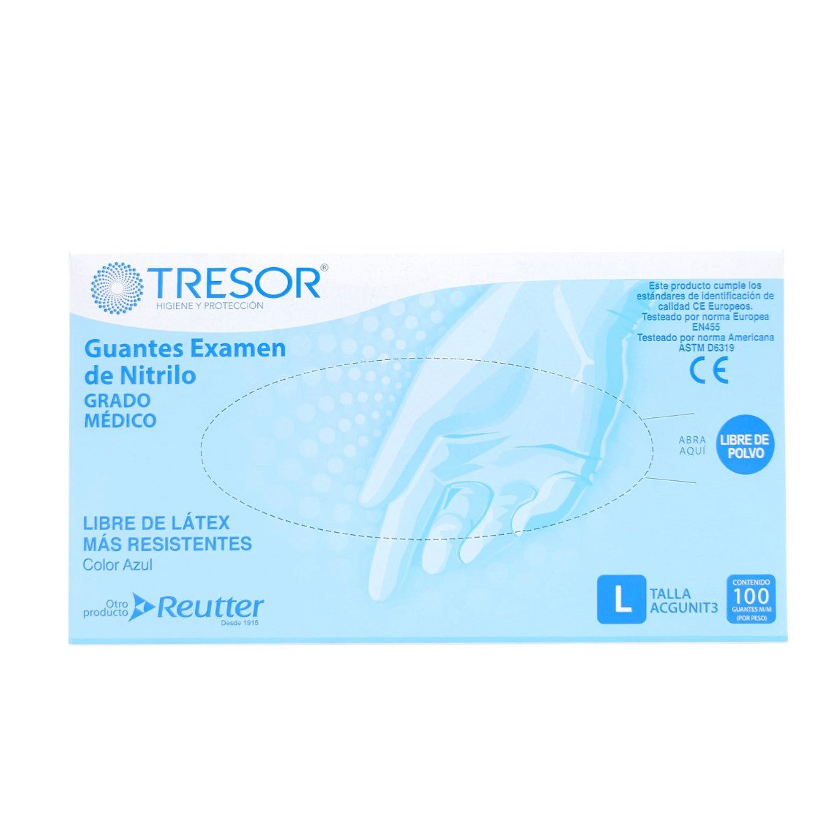 Caja de guantes de nitrilo azul Tresor sin polvo, 100 unidades para uso médico
