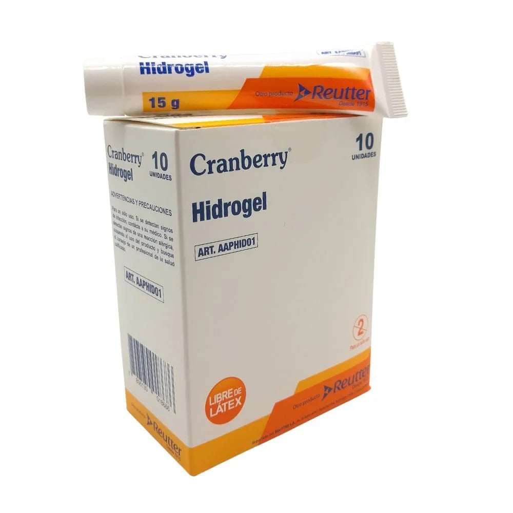 Hidrogel Cranberry 15 g vista lateral de la caja y tubo gel cicatrizante