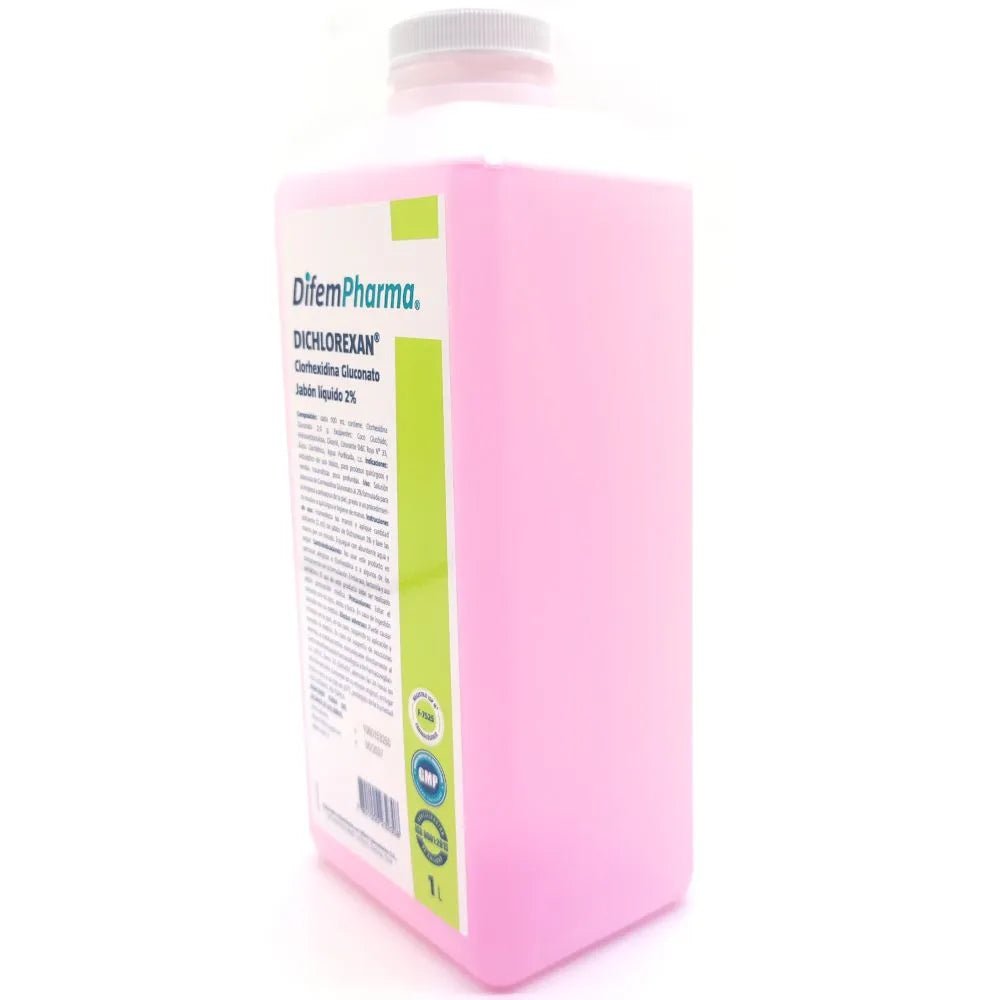 Jabón Dichlorexan 2% líquido 1 litro DifemPharma vista lateral del envase desinfectante con clorhexidina