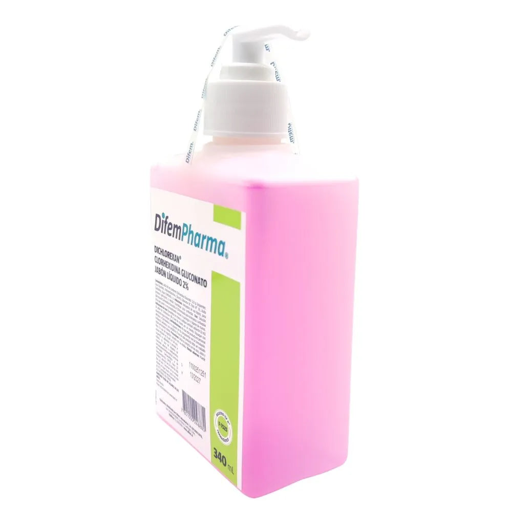 Jabón antiséptico Dichlorexan 2% líquido 340cc DifemPharma vista lateral envase con bomba dosificadora