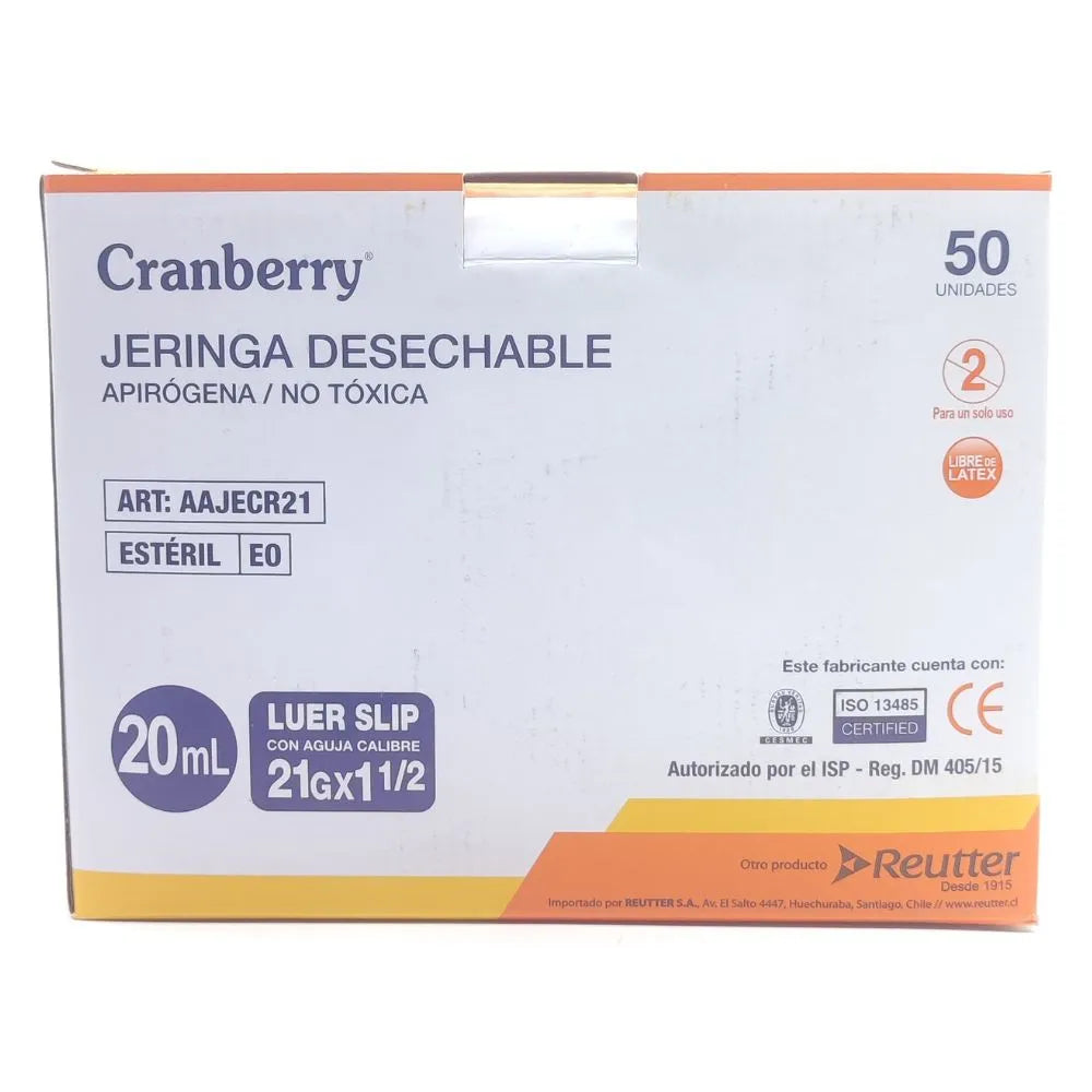 Jeringa 20 ml Luer Slip 21G x 1½ Cranberry caja 50 unidades
