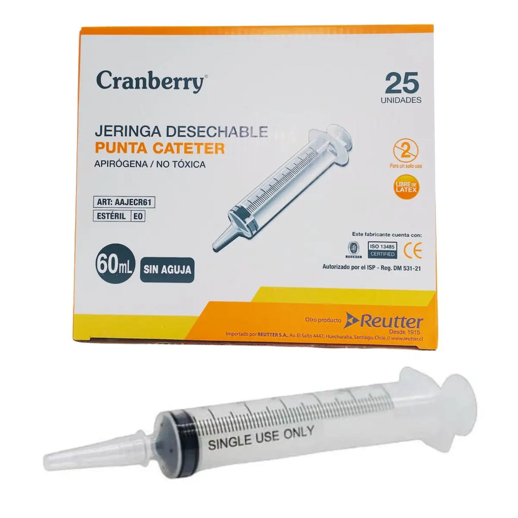 Jeringa 60 ml punta catéter Cranberry — caja 25 unidades para nutrición enteral