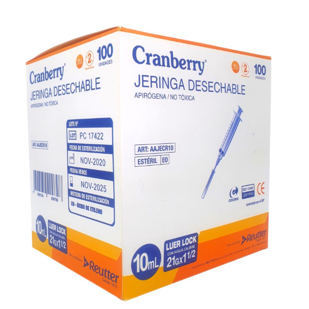 Jeringa 10ml Luer Lock 21G x 1½" Cranberry Rosca Segura Conexión Firme Estéril Médica Profesional Caja 100 Unidades - tubotiquin.cl