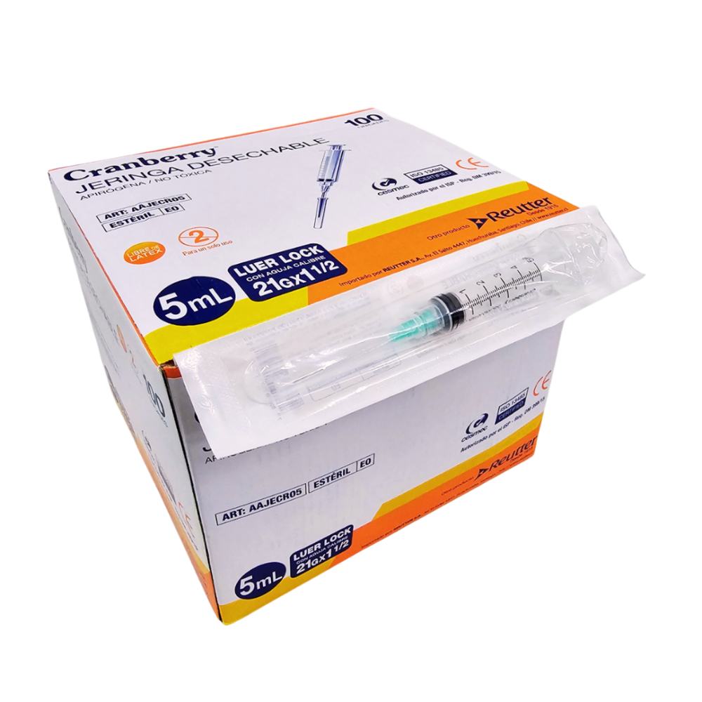 Jeringa 5ml Luer Lock 21G x 1½" Cranberry Rosca Segura Alta Velocidad Flujo Conexión Firme Médica Profesional Estéril Caja 100 - tubotiquin.cl