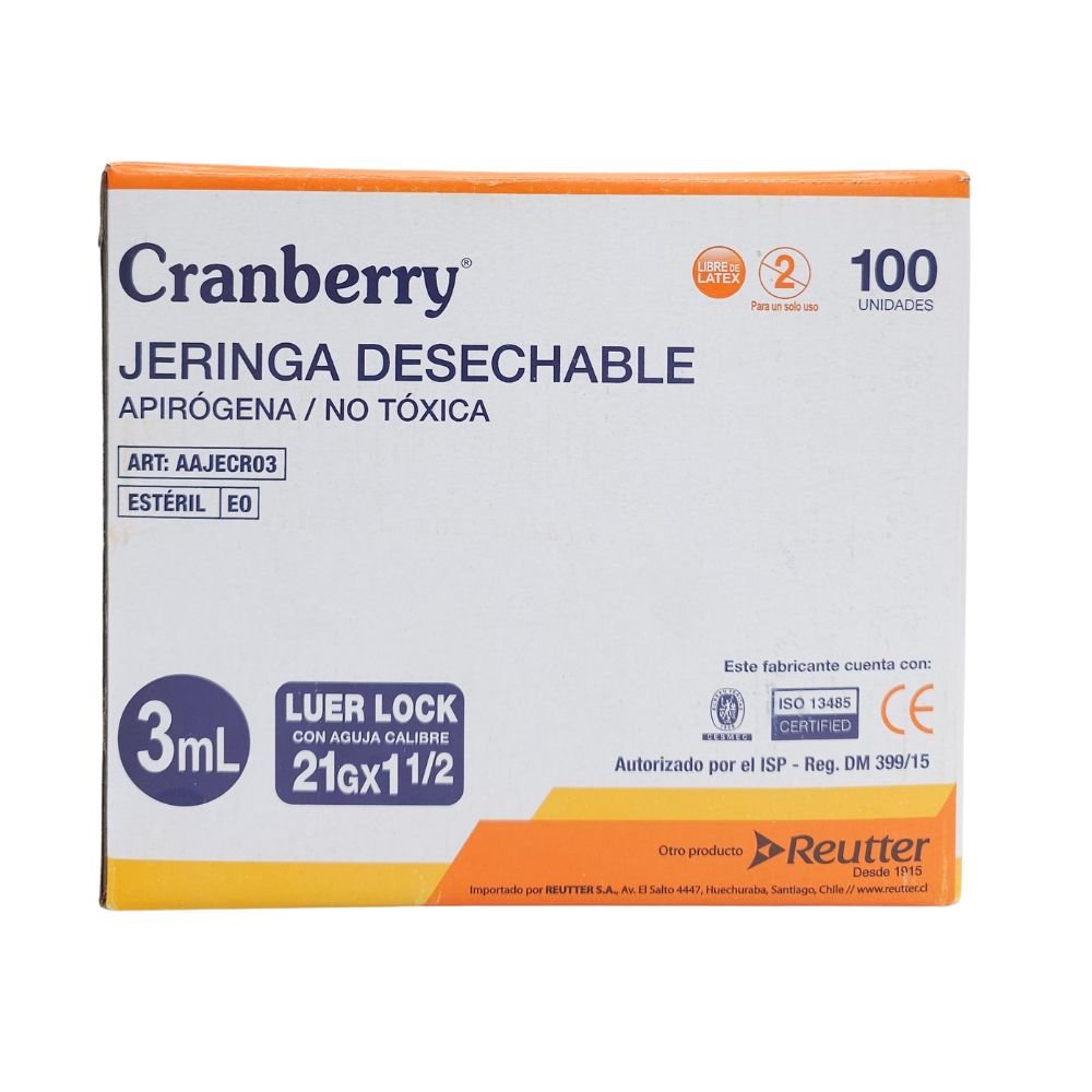 Jeringa Luer Lock 3ml Cranberry caja 100 unidades estériles - TuBotiquin Chile
