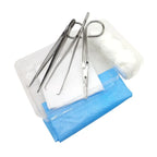 Kit de curación estéril GHC con 2 pinzas vista general con campo y gasas
