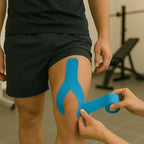 Leukotape K celeste aplicado en rodilla - cinta kinesiológica BSN para lesiones deportivas