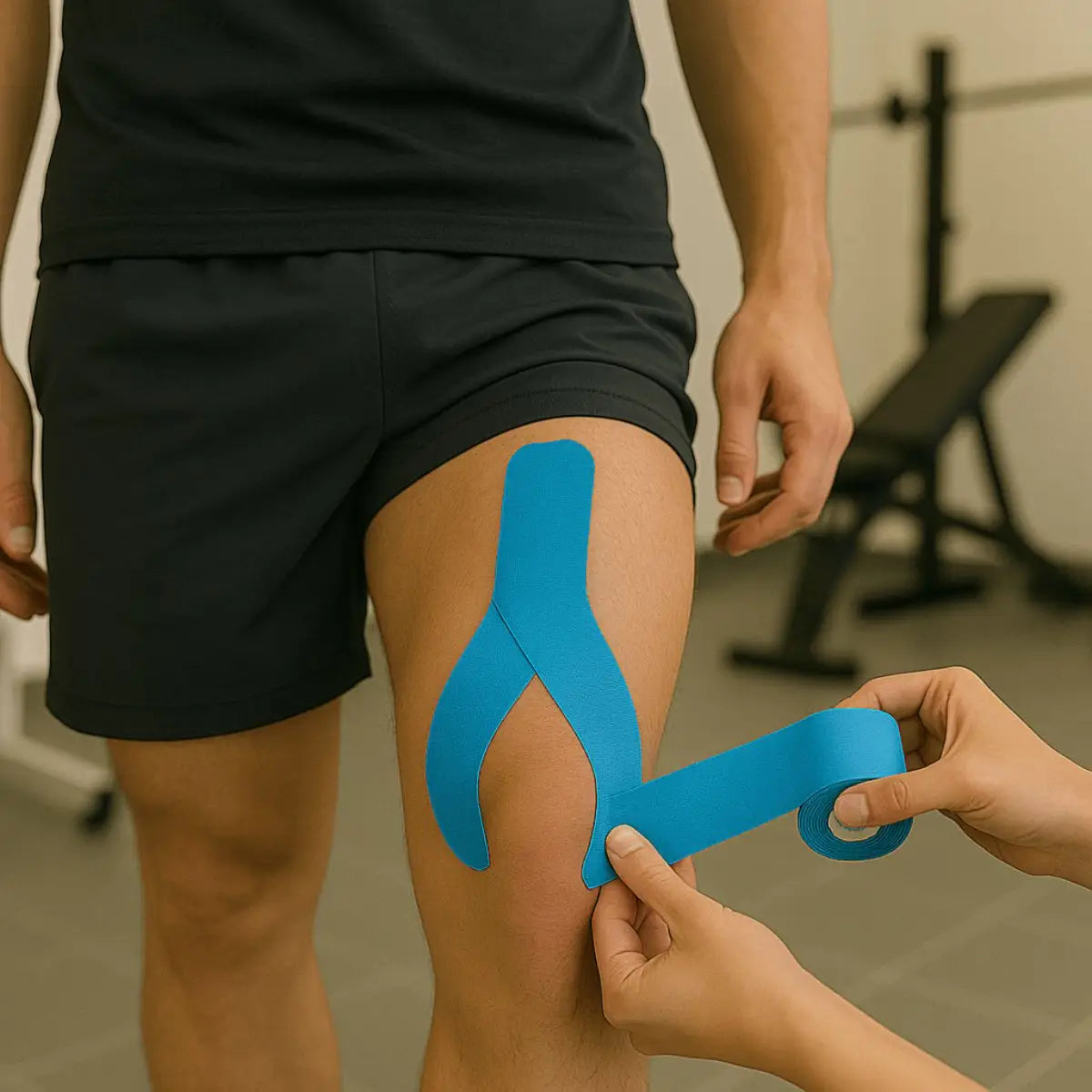 Leukotape K celeste aplicado en rodilla - cinta kinesiológica BSN para lesiones deportivas
